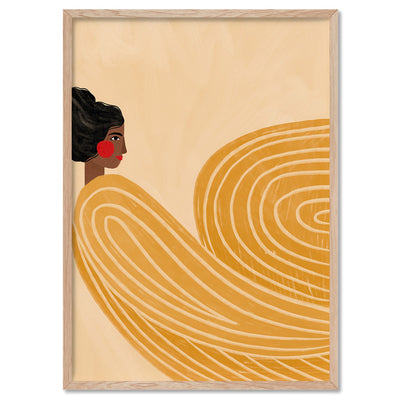 The Woman in the Yellow Stripes - Art Print by Bea Muller, Poster, Stretched Canvas, or Framed Wall Art Print, shown in a natural timber frame