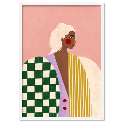 The Woman in the Patterns - Art Print by Bea Muller, Poster, Stretched Canvas, or Framed Wall Art Print, shown in a white frame