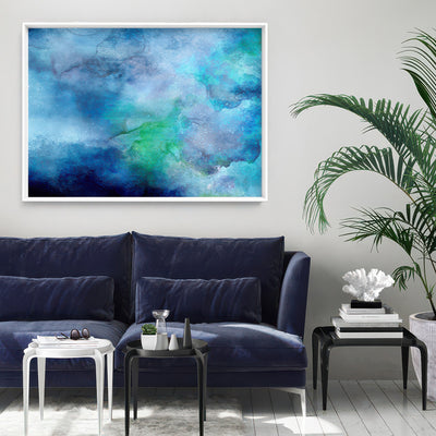 Abstract Watercolour & Ink Blue Depths - Art Print, Poster, Stretched Canvas or Framed Wall Art, shown framed in a home interior space