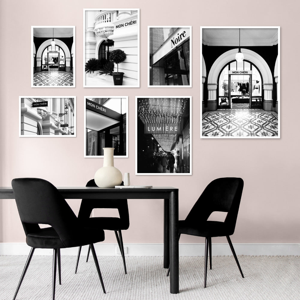 Designer Store Front Monaco Landscape - Art Print, Poster, Stretched Canvas or Framed Wall Art, shown framed in a home interior space