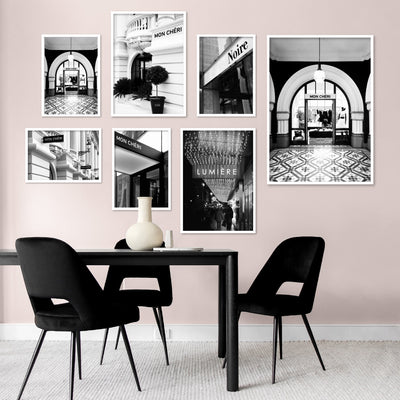 Designer Store Front Monaco Landscape - Art Print, Poster, Stretched Canvas or Framed Wall Art, shown framed in a home interior space