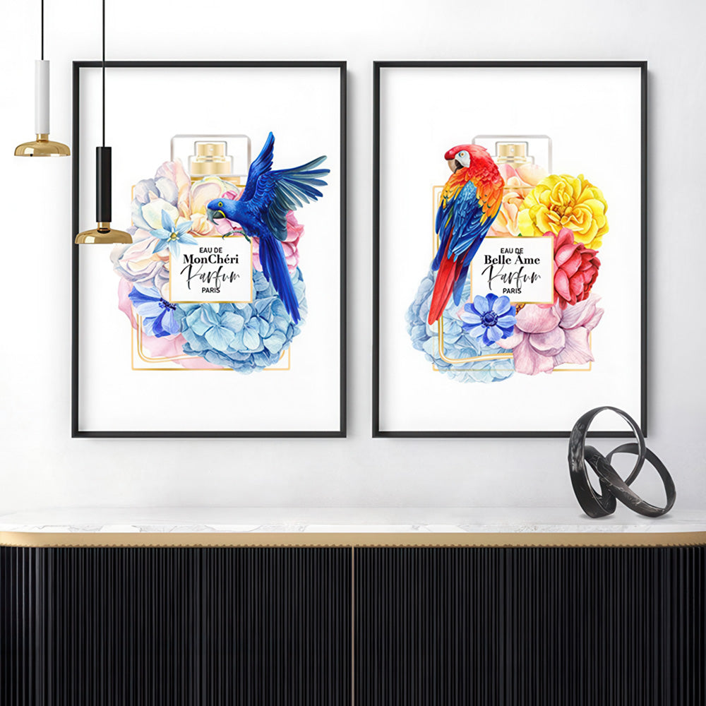 Floral Perfume Bottle | Rainbow Parrot - Art Print, Poster, Stretched Canvas or Framed Wall Art, shown framed in a home interior space