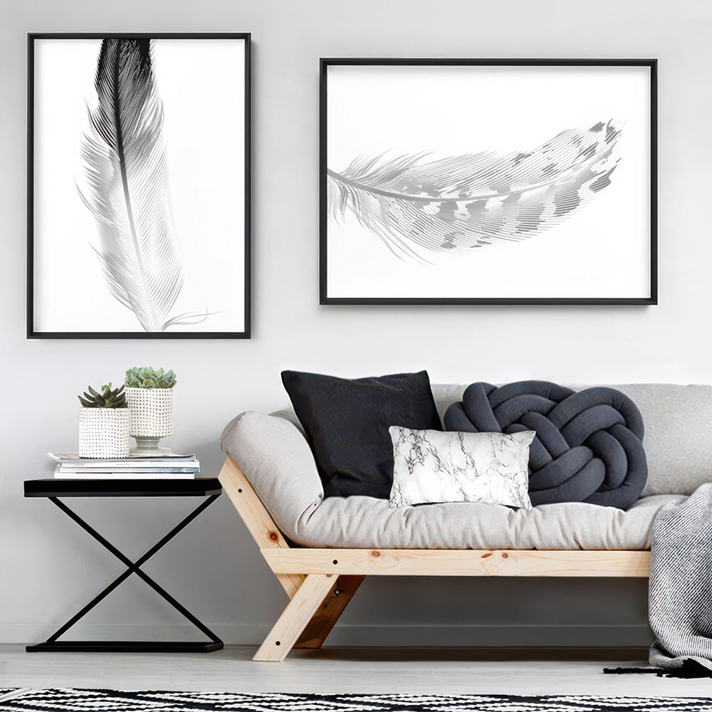 Speckled Feather Black & White - Art Print, Poster, Stretched Canvas or Framed Wall Art, shown framed in a home interior space