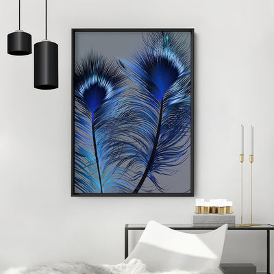 Peacock Feathers Blue Edit - Art Print, Poster, Stretched Canvas or Framed Wall Art Prints, shown framed in a room