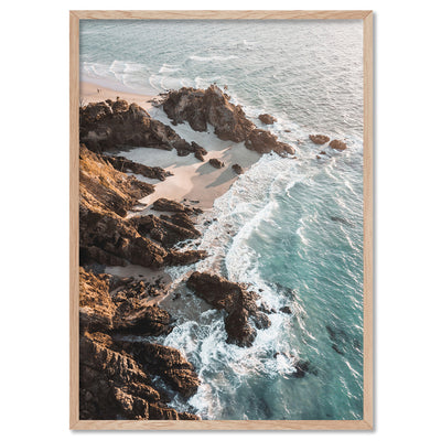 The Pass Byron Bay Aerial - Art Print by Beau Micheli, Poster, Stretched Canvas, or Framed Wall Art Print, shown in a natural timber frame