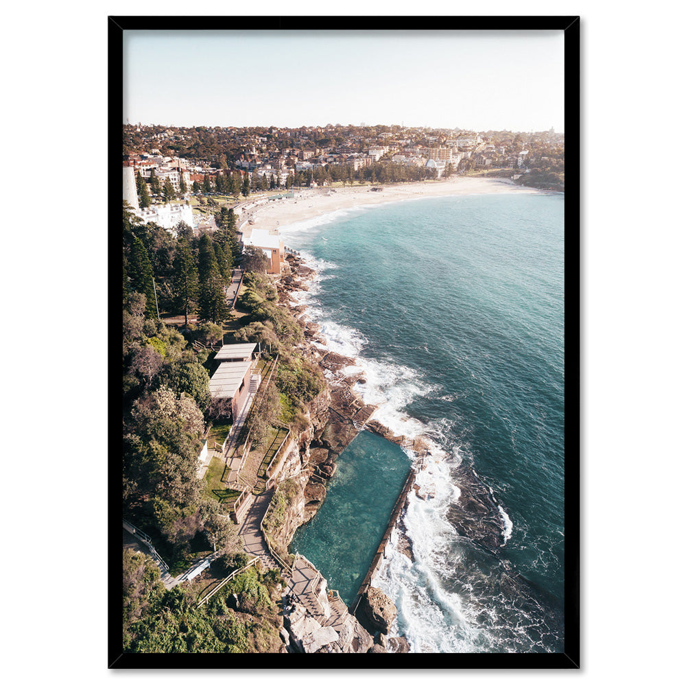 Coogee Rock Pool Aerial - Art Print by Beau Micheli, Poster, Stretched Canvas, or Framed Wall Art Print, shown in a black frame