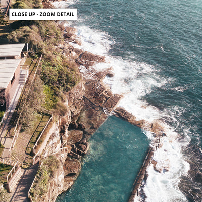 Coogee Rock Pool Aerial - Art Print by Beau Micheli, Poster, Stretched Canvas or Framed Wall Art, Close up View of Print Resolution