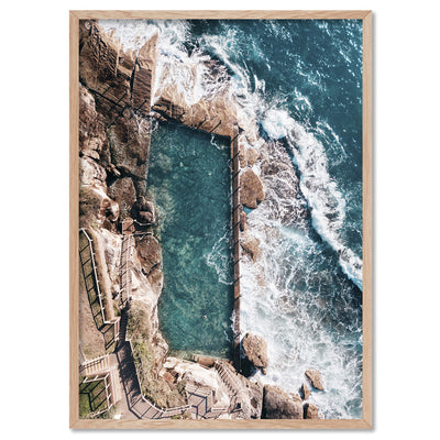 Coogee Rock Pool Aerial II - Art Print by Beau Micheli, Poster, Stretched Canvas, or Framed Wall Art Print, shown in a natural timber frame