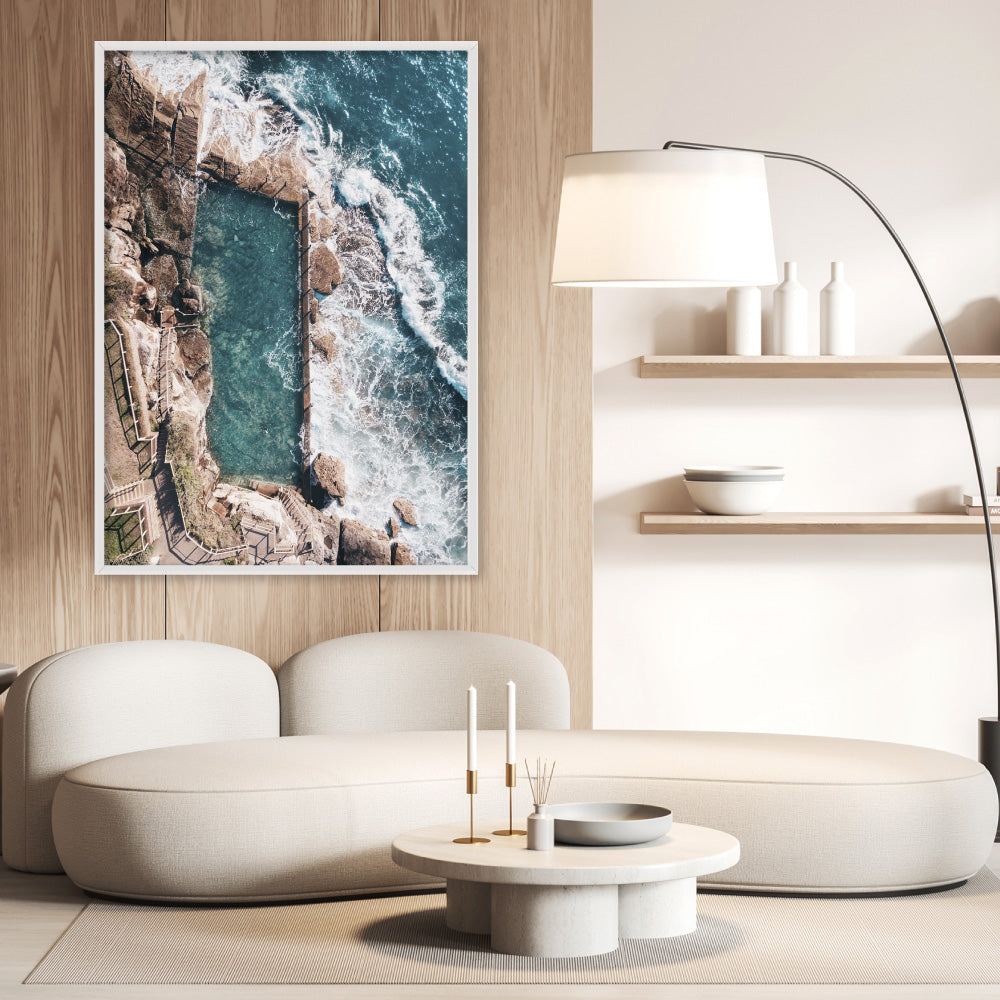 Coogee Rock Pool Aerial II - Art Print by Beau Micheli, Poster, Stretched Canvas or Framed Wall Art Prints, shown framed in a room