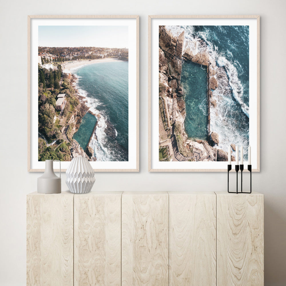 Coogee Rock Pool Aerial II - Art Print by Beau Micheli, Poster, Stretched Canvas or Framed Wall Art, shown framed in a home interior space