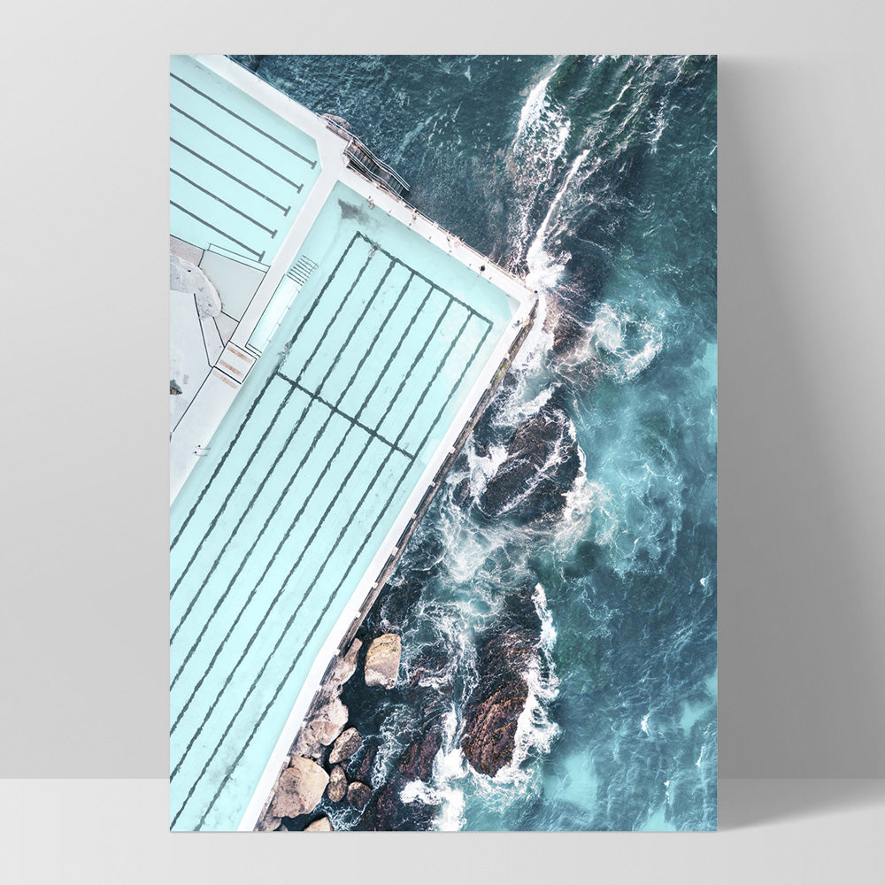 Bondi Icebergs Pool Aerial - Art Print by Beau Micheli, Poster, Stretched Canvas, or Framed Wall Art Print, shown as a stretched canvas or poster without a frame
