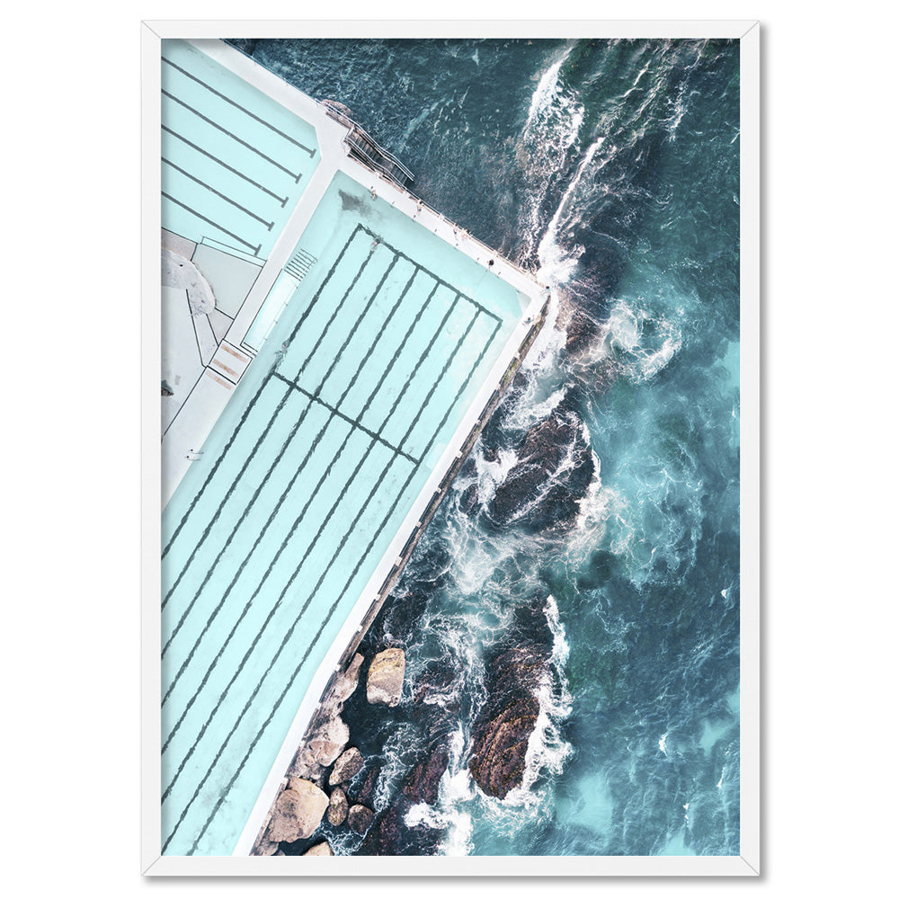 Bondi Icebergs Pool Aerial - Art Print by Beau Micheli, Poster, Stretched Canvas, or Framed Wall Art Print, shown in a white frame