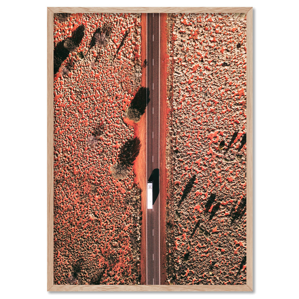 Road to Uluru Aerial - Art Print by Beau Micheli, Poster, Stretched Canvas, or Framed Wall Art Print, shown in a natural timber frame