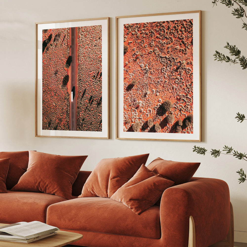 Road to Uluru Aerial - Art Print by Beau Micheli, Poster, Stretched Canvas or Framed Wall Art, shown framed in a home interior space