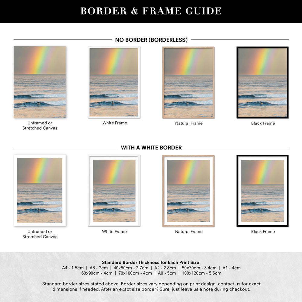 Sunrise and Rainbow Surf II - Art Print by Beau Micheli, Poster, Stretched Canvas or Framed Wall Art, Showing White , Black, Natural Frame Colours, No Frame (Unframed) or Stretched Canvas, and With or Without White Borders