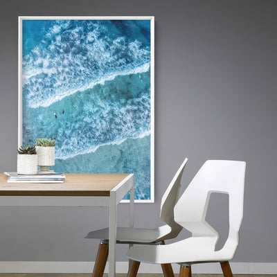 Aerial Ocean Waves & Tiny Surfers III - Art Print, Poster, Stretched Canvas or Framed Wall Art Prints, shown framed in a room