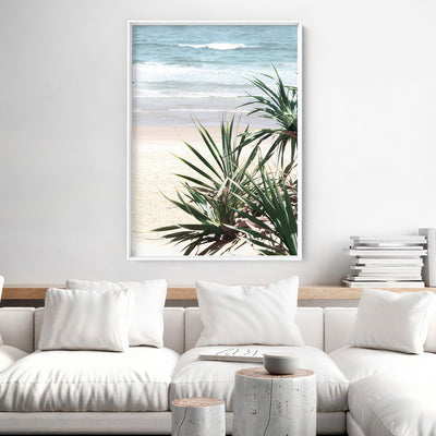 Byron Wategos Beach Palm View - Art Print, Poster, Stretched Canvas or Framed Wall Art Prints, shown framed in a room