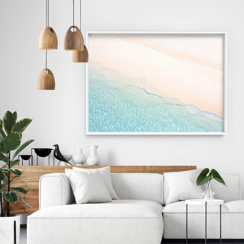 From Above | Whitehaven Beach - Art Print, Poster, Stretched Canvas or Framed Wall Art Prints, shown framed in a room