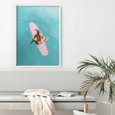 Surfer Girl | Pink Surfboard - Art Print, Poster, Stretched Canvas or Framed Wall Art Prints, shown framed in a room