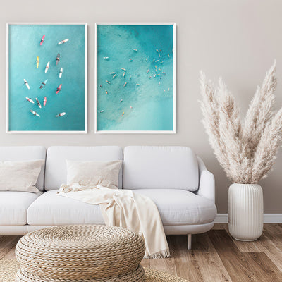 Aerial Ocean Surfers II - Art Print, Poster, Stretched Canvas or Framed Wall Art, shown framed in a home interior space