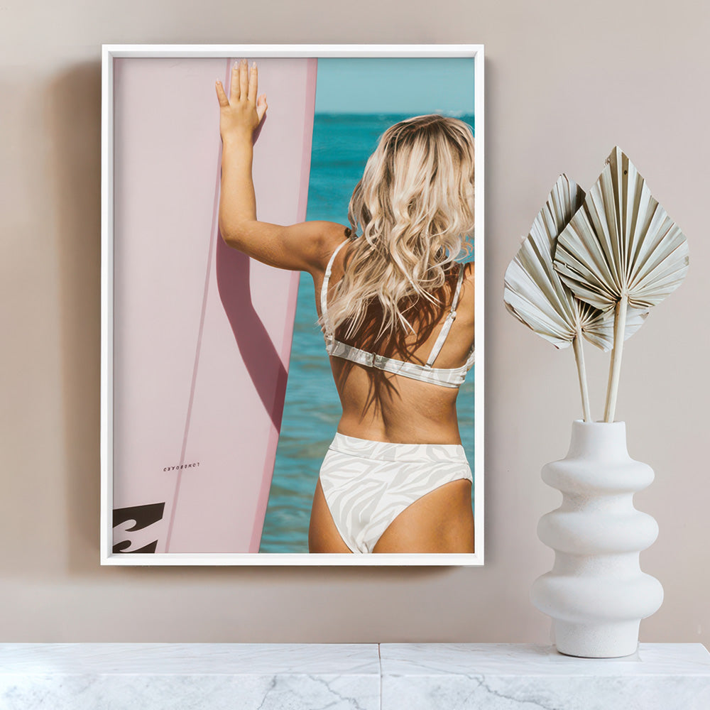 Surfer Girl Pose - Art Print, Poster, Stretched Canvas or Framed Wall Art Prints, shown framed in a room