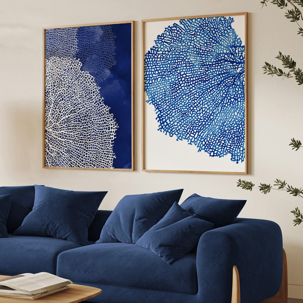 Coral Sea Fan Blue - Art Print, Poster, Stretched Canvas or Framed Wall Art, shown framed in a home interior space