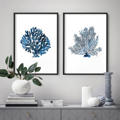 Hamptons Watercolour Blue Coral II - Art Print, Poster, Stretched Canvas or Framed Wall Art, shown framed in a home interior space