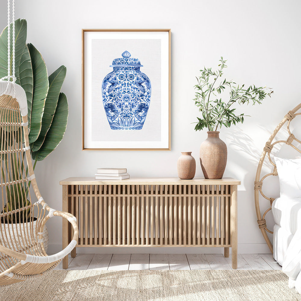 Chinoiserie Ginger Jar on Linen I - Art Print, Poster, Stretched Canvas or Framed Wall Art Prints, shown framed in a room