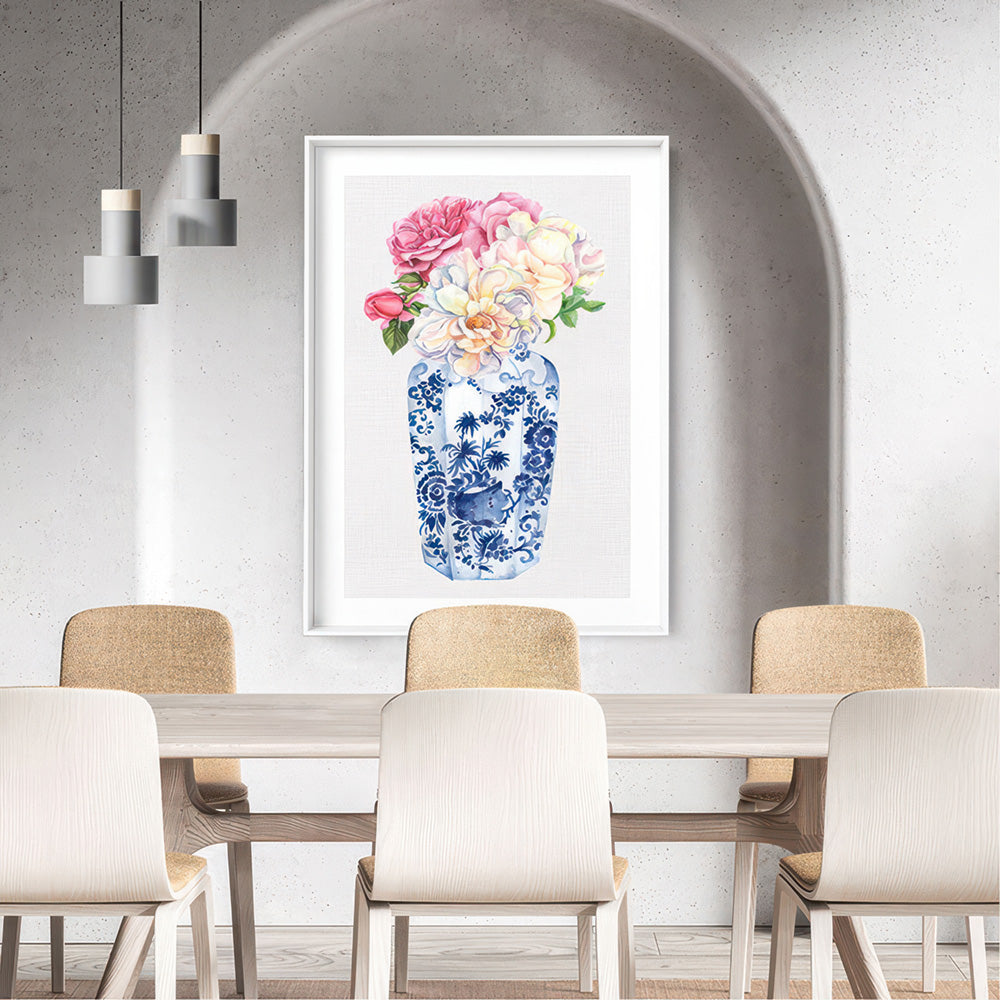 Floral Ginger Jar on Linen II - Art Print, Poster, Stretched Canvas or Framed Wall Art Prints, shown framed in a room