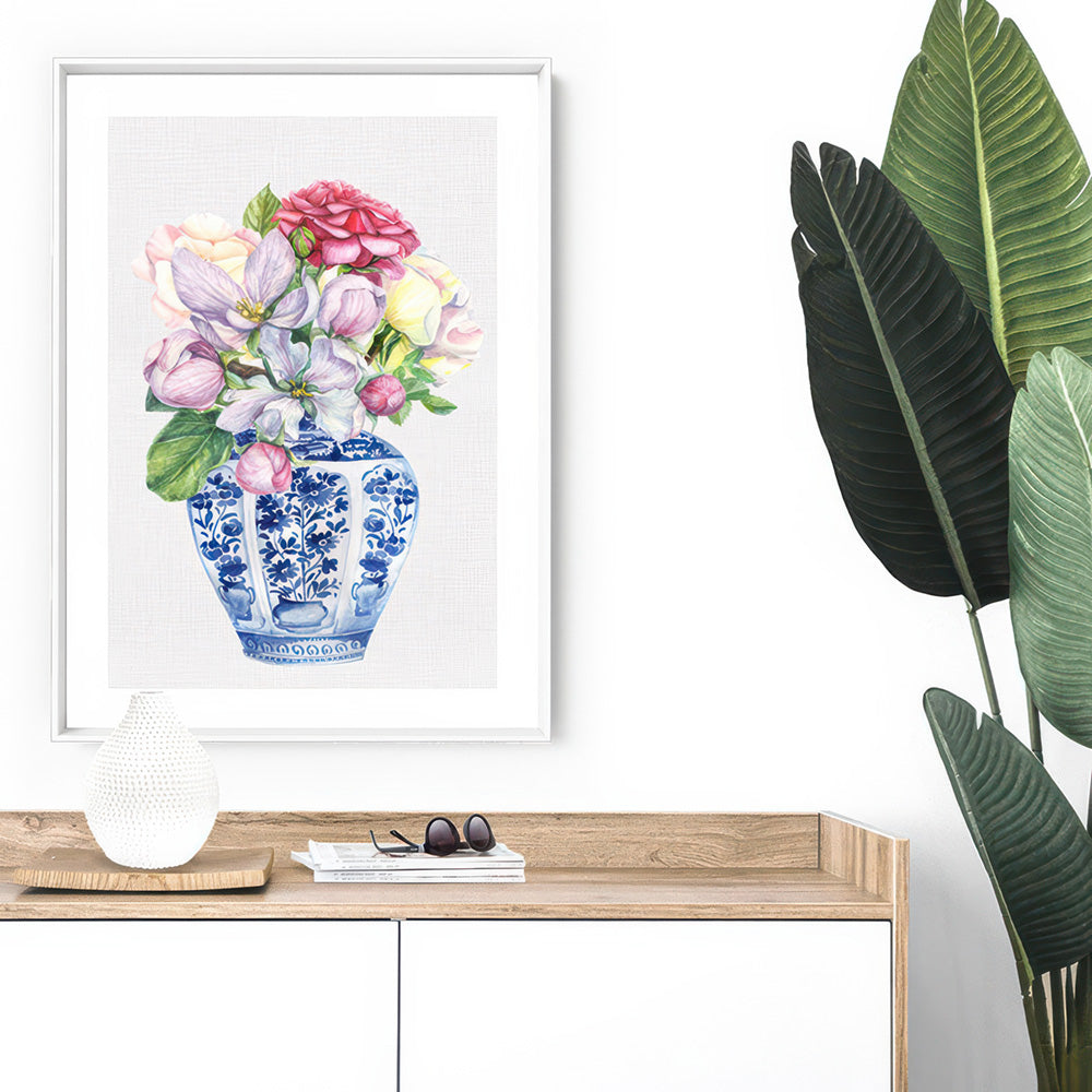 Floral Ginger Jar on Linen III - Art Print, Poster, Stretched Canvas or Framed Wall Art Prints, shown framed in a room