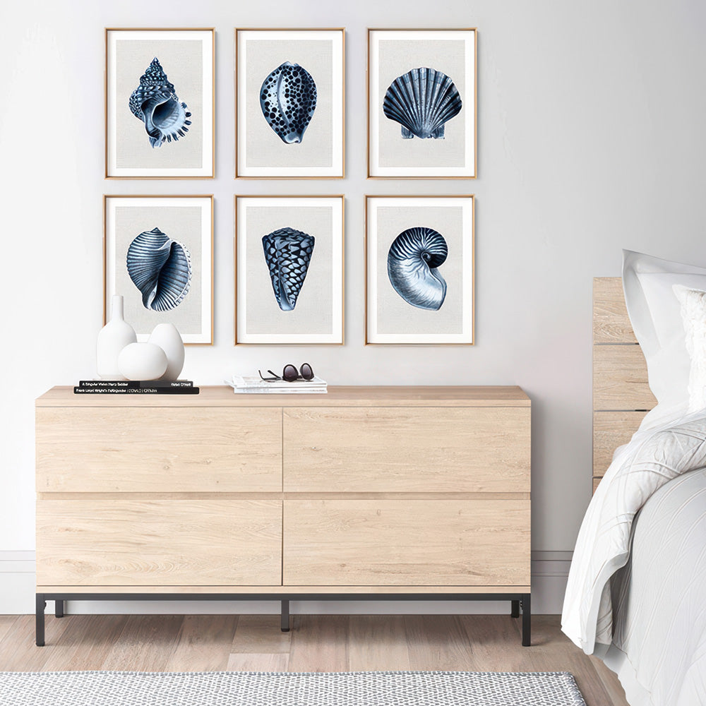 Sea Shells in Navy | Scotch Bonnet - Art Print, Poster, Stretched Canvas or Framed Wall Art, shown framed in a home interior space