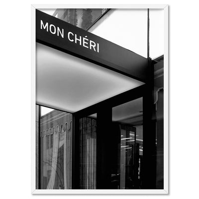 Mon Cheri Entrance B&W - Art Print, Poster, Stretched Canvas, or Framed Wall Art Print, shown in a white frame