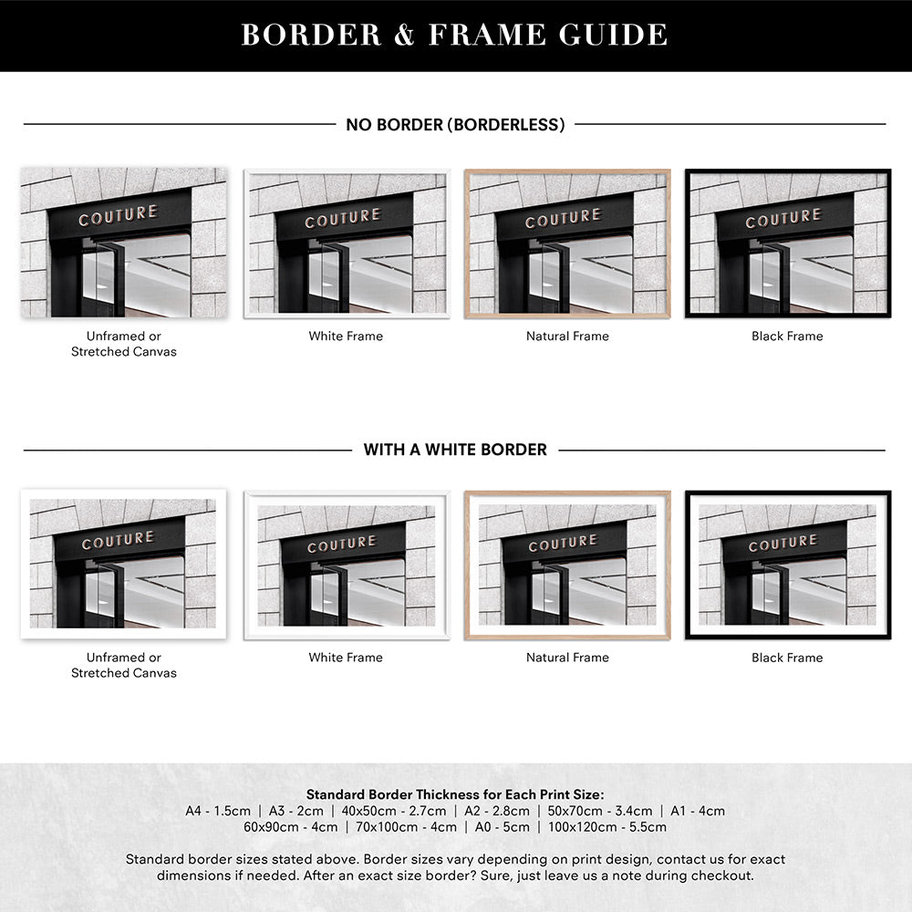 Couture Entrance Landscape B&W - Art Print, Poster, Stretched Canvas or Framed Wall Art, Showing White , Black, Natural Frame Colours, No Frame (Unframed) or Stretched Canvas, and With or Without White Borders