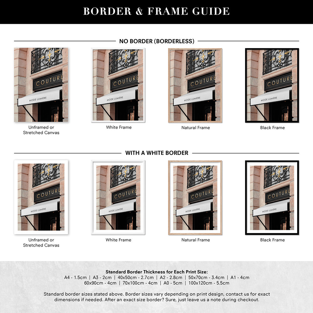 Couture Facade in Blush - Art Print, Poster, Stretched Canvas or Framed Wall Art, Showing White , Black, Natural Frame Colours, No Frame (Unframed) or Stretched Canvas, and With or Without White Borders