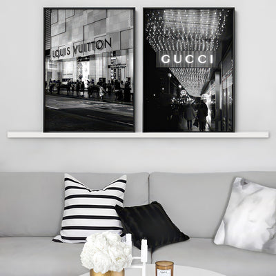 Louis V Entrance B&W - Art Print, Poster, Stretched Canvas or Framed Wall Art, shown framed in a home interior space