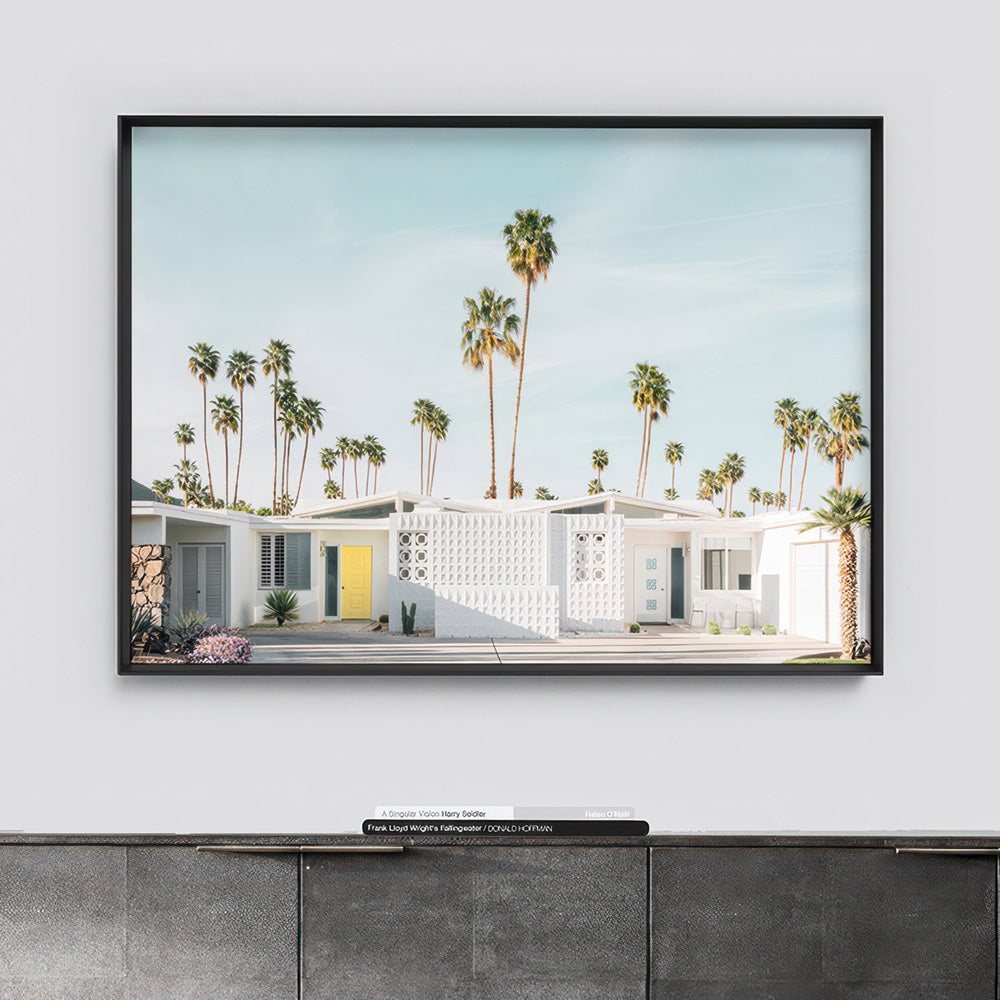 Palm Springs | Mid Century Abodes - Art Print, Poster, Stretched Canvas or Framed Wall Art, shown framed in a home interior space