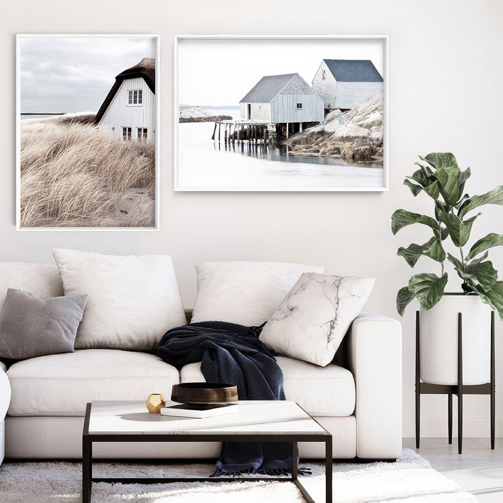 Nordic Lake Cabins II - Art Print, Poster, Stretched Canvas or Framed Wall Art, shown framed in a home interior space