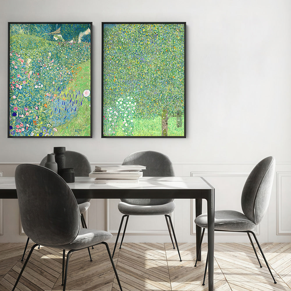 GUSTAV KLIMT | Italian Garden Landscape - Art Print, Poster, Stretched Canvas or Framed Wall Art, shown framed in a home interior space