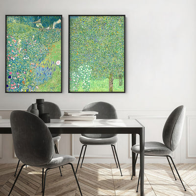 GUSTAV KLIMT | Italian Garden Landscape - Art Print, Poster, Stretched Canvas or Framed Wall Art, shown framed in a home interior space