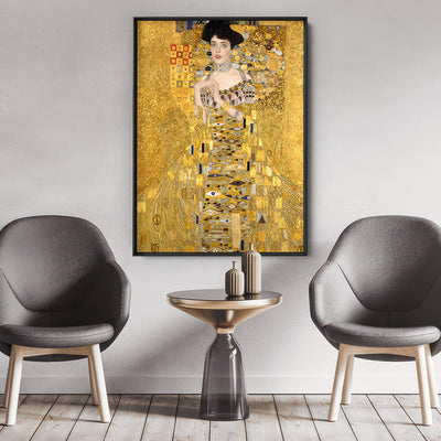 GUSTAV KLIMT | Portrait of Adele Bloch-Bauer I - Art Print, Poster, Stretched Canvas or Framed Wall Art Prints, shown framed in a room