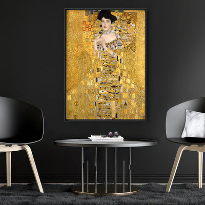 GUSTAV KLIMT | Portrait of Adele Bloch-Bauer I - Art Print, Poster, Stretched Canvas or Framed Wall Art, shown framed in a home interior space