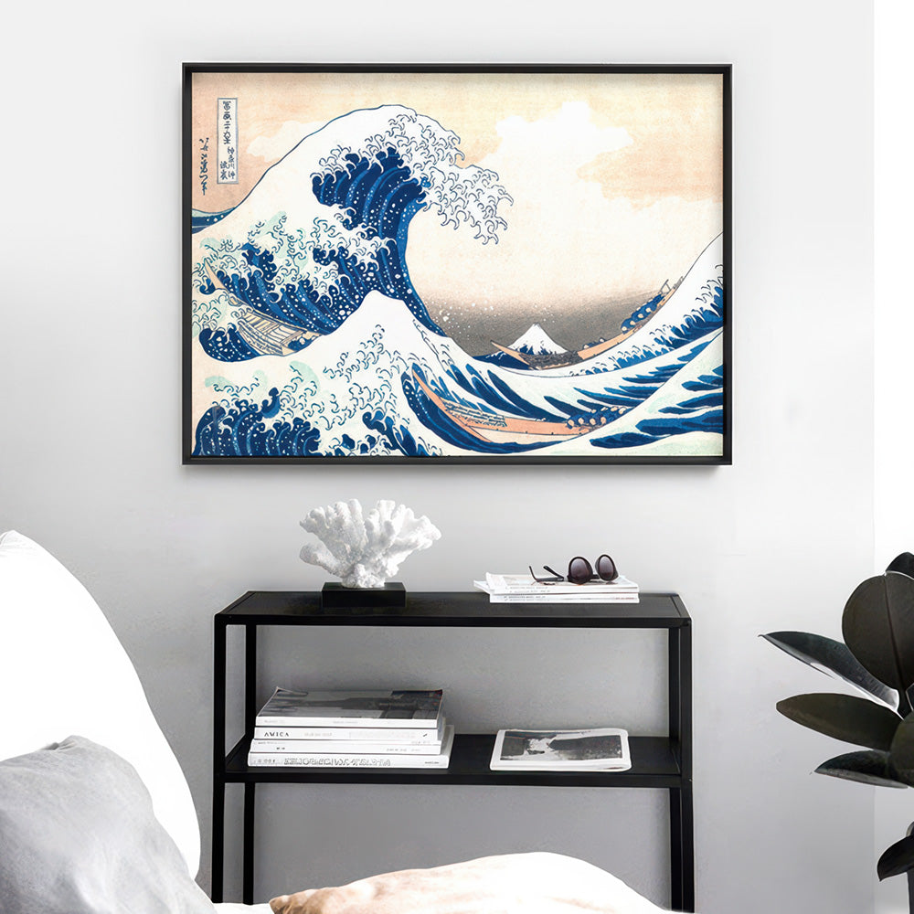 KATSUSHIKA HOKUSAI | The Great Wave off Kanagawa - Art Print, Poster, Stretched Canvas or Framed Wall Art Prints, shown framed in a room