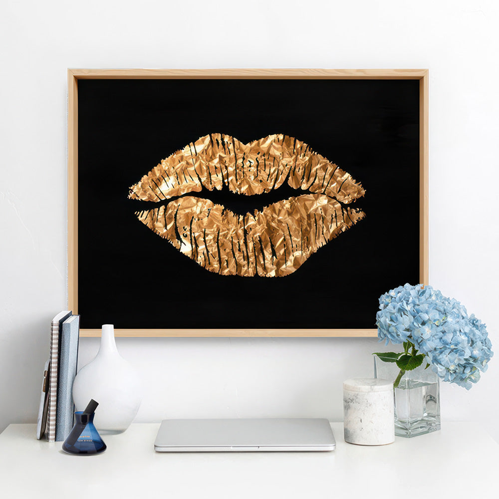 Solid Kiss Black Marble & Gold (faux look foil) - Art Print, Poster, Stretched Canvas or Framed Wall Art Prints, shown framed in a room