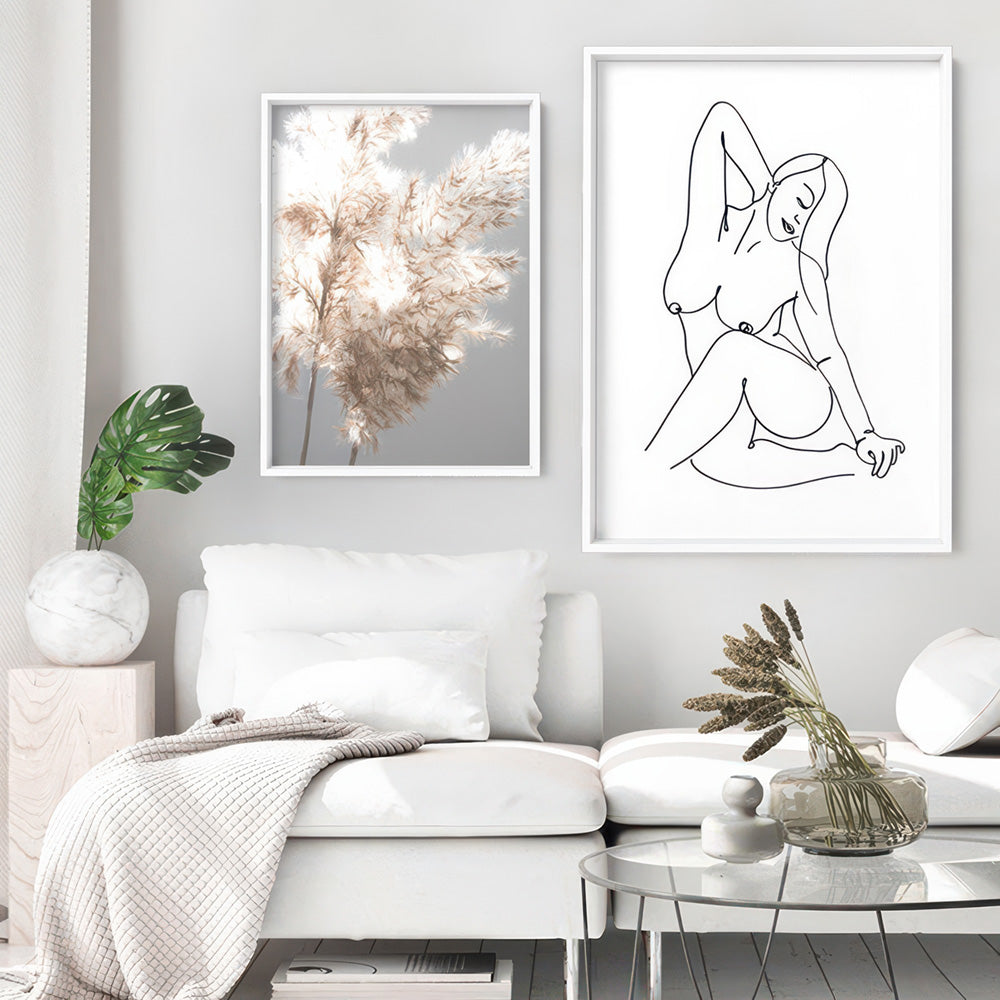 Naked Nude Line Drawing IV - Art Print, Poster, Stretched Canvas or Framed Wall Art, shown framed in a home interior space