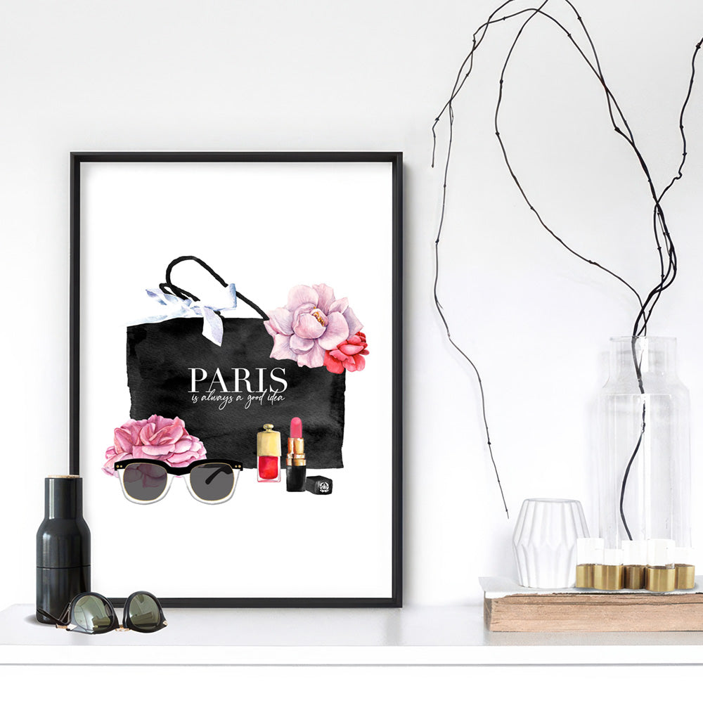 Shopping in Paris I - Art Print, Poster, Stretched Canvas or Framed Wall Art Prints, shown framed in a room