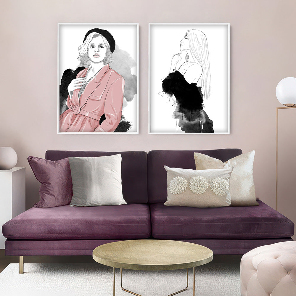 Fashion Illustration | Amelia - Art Print by Vanessa, Poster, Stretched Canvas or Framed Wall Art, shown framed in a home interior space