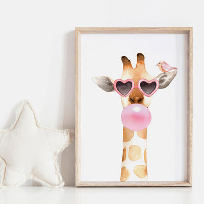 Bubblegum Giraffe Sunnies | Pink Bubble - Art Print, Poster, Stretched Canvas or Framed Wall Art Prints, shown framed in a room