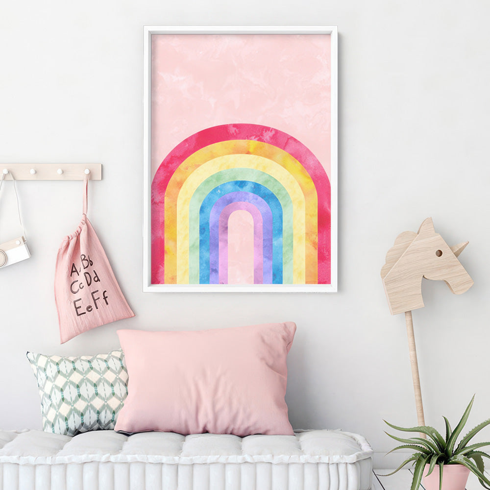 Watercolour Rainbow Blush - Art Print, Poster, Stretched Canvas or Framed Wall Art Prints, shown framed in a room