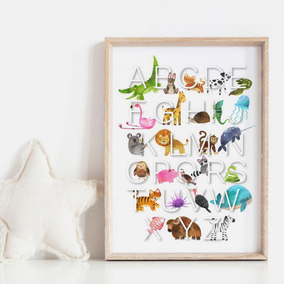 Animal Alphabet in Watercolours | White - Art Print, Poster, Stretched Canvas or Framed Wall Art Prints, shown framed in a room