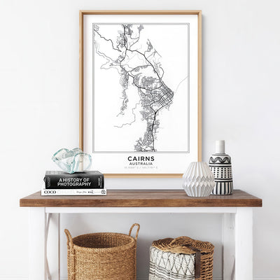 City Map | CAIRNS - Art Print, Poster, Stretched Canvas or Framed Wall Art Prints, shown framed in a room